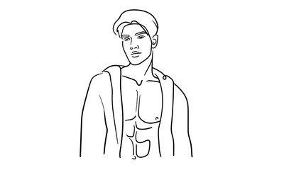 Sport man narcissist, admires himself on white background. Line art drawing. Sport guy model. Vector illustration