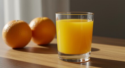 Fototapeta premium Refreshing glass of orange juice with whole oranges on sunny wooden table