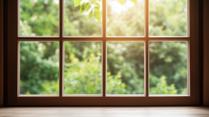 Naklejka premium Sunlight streaming through a wooden window with lush greenery outside in the afternoon.