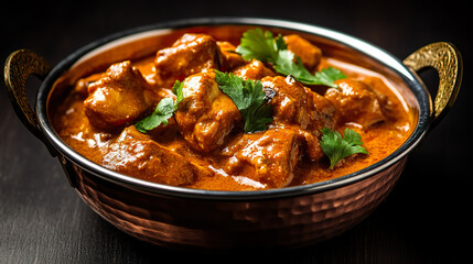 Fototapeta premium Creamy orange butter chicken served in hammered copper bowl on dark background