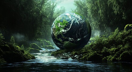 A crystal ball on top of the earth, with a forest and river background, in a color scheme of black, white, green, and blue. This is a high-definition photograph. 