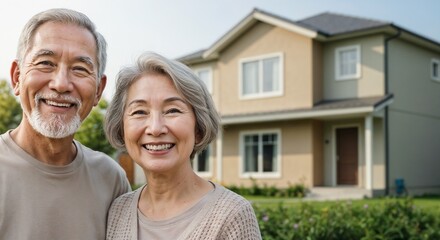 Obraz premium Happy elderly couple smiling in front of their house 