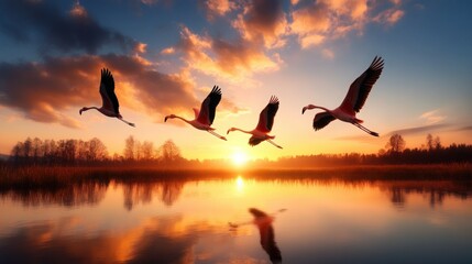 Pink flamingos in flight at sunset over a lake