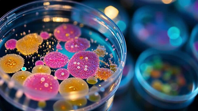 An image focusing on a petri dish with colonies of different bacteria visibly growing their unique colors and textures symbolizing the diversity of microbiome components used in personalized