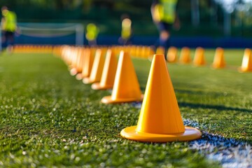 Bright Orange Cones on Green Soccer Field During Training Session