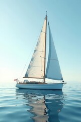 Fototapeta premium Serene sailboat glides across calm ocean waters under a clear sky, reflecting tranquil beauty
