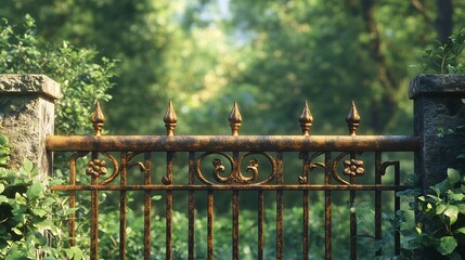 Rustic iron gate stands silently amidst vibrant green foliage bathed in warm sunlight. AI Generated