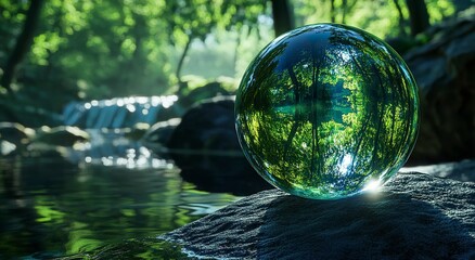 A glass ball resting on a rock, with a reflection of a forest and river. The color theme is green, blue, black, and white. The image is photo-realistic, with high resolution and high definition.