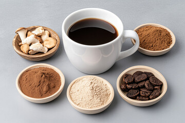 Adaptogenic mushroom coffee in a ceramic cup with dry mushrooms, powders and coffee beans on gray background
