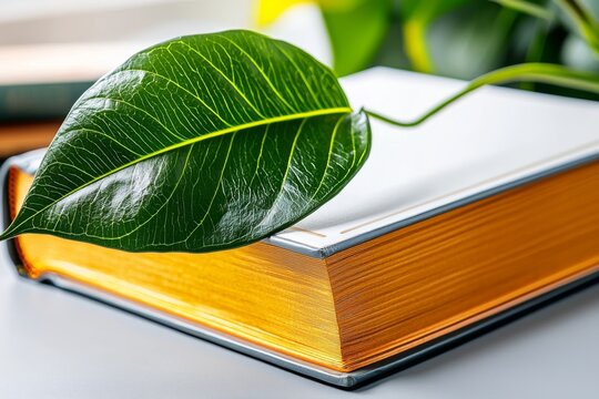 A vibrant green leaf resting on a closed book with golden edges