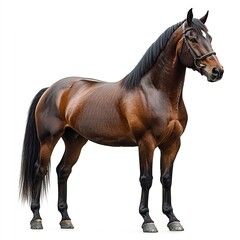 Obraz premium Brown horse standing tall, side profile view showcasing its sleek coat and muscular build, isolated on a clean white background. 