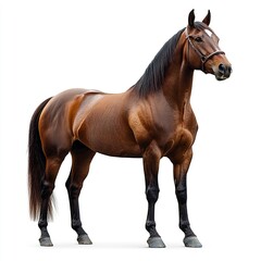 Obraz premium Brown horse standing tall, side profile view showcasing its sleek coat and muscular build, isolated on a clean white background. 
