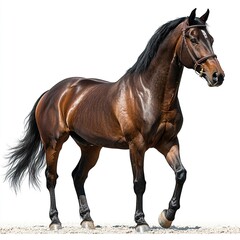 Naklejka premium Brown horse with a graceful stance, tail gently swaying, and its head turned slightly to the side, isolated on a pure white background for clarity. 