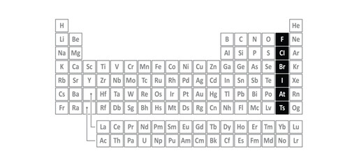 The halogens or salt formers, periodic table.