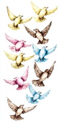 A flock of pastel-colored birds in stained-glass watercolor style soa in a dynamic cascading formation over the sky