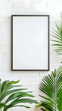 Fototapeta Blank frame on white brick wall flanked by tropical plants