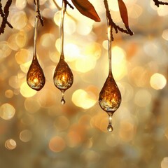 Glimme golden droplets of jojoba oil suspended from slender branches reflect amber hues in warm soft light with bokeh effect