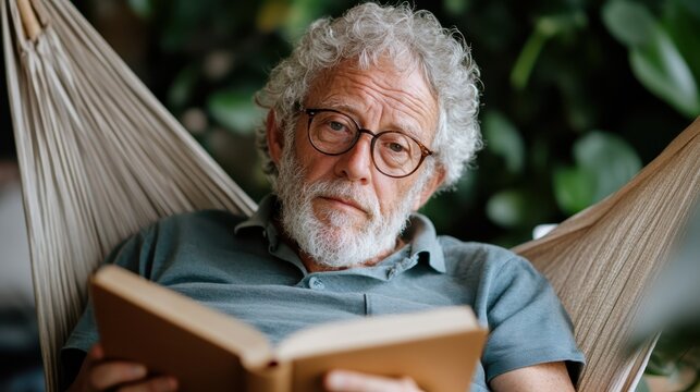 This image captures a senior man with glasses thoroughly enjoying a book while he relaxes in a hammock, highlighted by a lush green background that enhances the sense of calm.