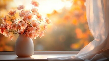 A picturesque view of sunlit blooms arranged in a vase by the window, capturing the essence of warmth, beauty, and the comforting glow of natural light.