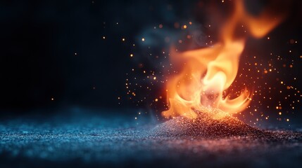 This image captures a vivid eruption of flames and sparkling sand particles, showcasing the power of fire in a dynamic and mesmerizing display of energy and light.