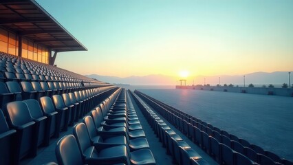 Fototapeta premium Empty stadium seats at sunrise overlooking a vast, open field