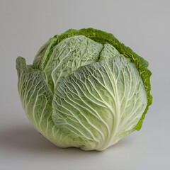 Fototapeta premium Large head of Chinese cabbage illuminated against a neutral background showcasing intricate leaf patterns