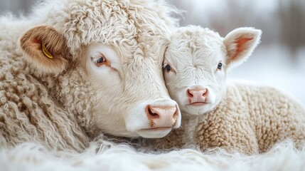 Close-knit mother cow and calf, leaning against each other in a tender pose, side-by-side with detailed textures, isolated on pure white for emphasis.  