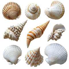 Seashells collection ocean treasures beach finds spiral shells scallop shells isolated on transparent background