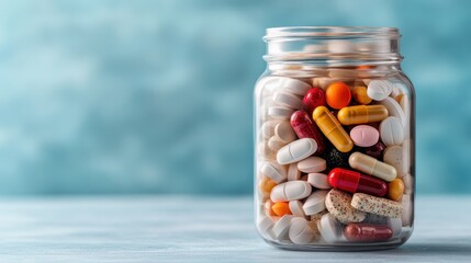 An eye-catching collection of colorful tablets captured in a glass jar symbolizes health and diversity, representing the variety of options in nutritional supplements.