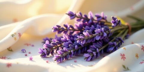 Fototapeta premium A delicate bouquet of lavender blossoms rests gently on a subtly patterned fabric, bathed in soft, warm sunlight.