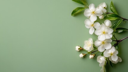 Fototapeta premium Beautiful white flowers with lush green leaves set against a soft green backdrop, creating a fresh and harmonious scene that celebrates the essence of nature's beauty.