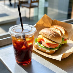 Iced Americano and Fresh Sandwich in a Cozy Caf&eacute;
