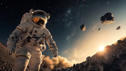 Astronaut in dramatic space exploration amidst asteroid field, facing celestial glow and stellar environment