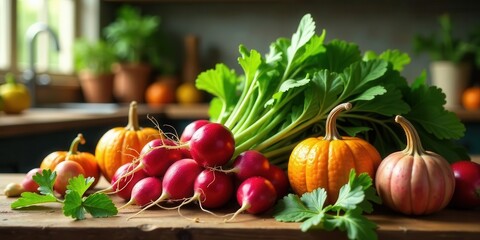 A bountiful harvest of vibrant radishes, nestled amongst miniature pumpkins and lush green leaves, displayed on a rustic wooden surface.