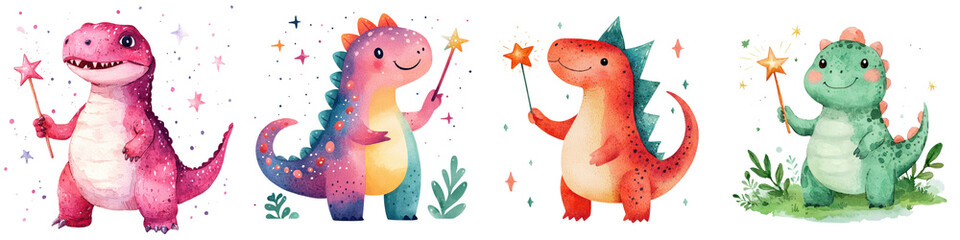 Obraz premium A group of adorable colorful dinosaur characters surrounded by stars leaves and a whimsical fairy tale inspired environment creating a sense of playful fantasy and wonder