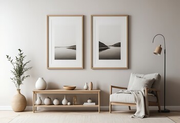 Modern Minimalist Living Room Interior with Coastal Artwork