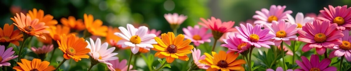 Obraz premium A colorful display of pink, orange, and white flowers blooming in a vibrant garden setting, spring, natural