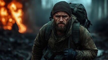 A rugged, determined man with a beard in military attire navigates through a smoky wilderness, showcasing resilience in a dramatic and intense environment.
