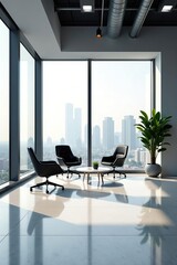 A contemporary corporate office with sleek, minimalist furniture and large windows overlooking a cityscape,  minimalist,  office