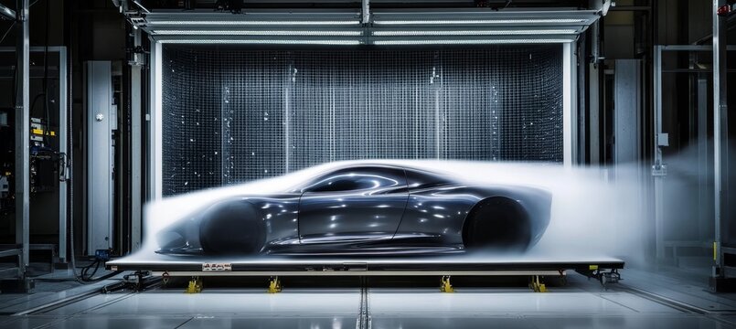 Sleek Sports Car Undergoing Aerodynamic Testing in Wind Tunnel with Smoke Visualization