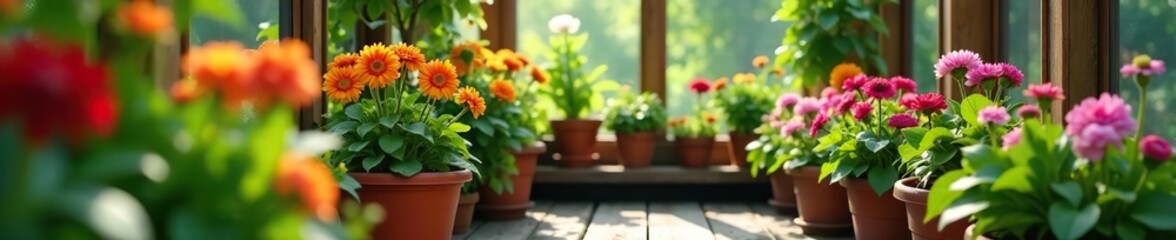 A cozy flower greenhouse with an assortment of colorful blooms in various pots, bringing joy and freshness to the home,  greenhouse,  plants