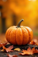 A Vibrant Autumn Scene Featuring a Single Ripe Pumpkin Resting Among Colorful Fallen Leaves on Dark Ground