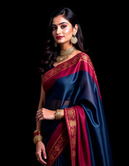 A woman wearing a blue and red sari with gold jewelry