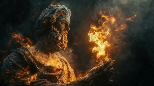 Prometheus sculpture as titan of fire holding a burning flame, symbolizing rebellion