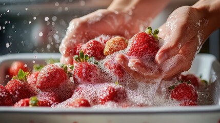Hands submerged in a wash basin filled with fresh strawberries, surrounded by sparkling bubbles, emphasizing the joy of food preparation and vibrant colors.