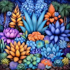 Fototapeta premium Mystical Neon Forest with Luminescent Flora and Stylized Succulents Glowing in Vivid Blues Oranges and Purples at Nighttime