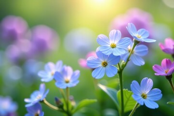 Fototapeta premium A delicate spring background with a vibrant display of forget-me-not flowers blooming in a lush garden setting, outdoor, vibrant