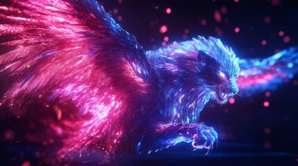 Neon-colored winged lion with futuristic digital design and style image