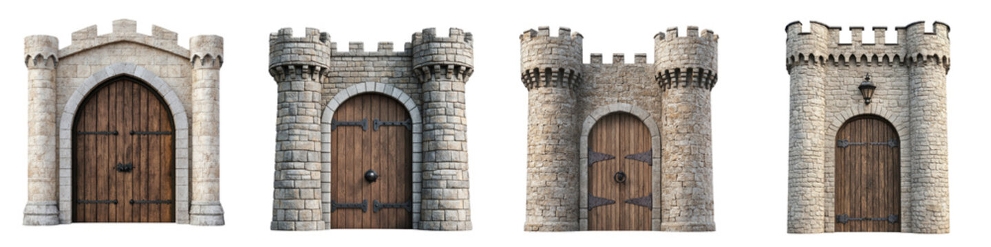 Impressive medieval castle with stone walls crenellated towers and ornate wooden entry gates showcasing the architectural grandeur of historic fortifications