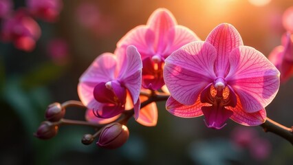 Naklejka premium Pink Orchid Blooms Bathed in Warm Golden Sunlight, Delicate Petals Unfurling in Gentle Breeze